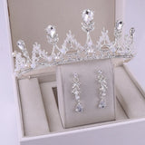 Bridal Crown Earrings Set Pearl Leaf Teardrop Tiara Wedding