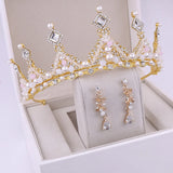 Bridal Crown Earrings Set Pearl Leaf Teardrop Tiara Wedding