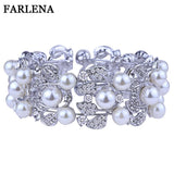 Silver Plated Wide Cuff Bangle with Imitation Pearl Rhinestones
