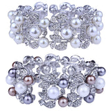 Silver Plated Wide Cuff Bangle with Imitation Pearl Rhinestones