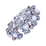 Silver Plated Wide Cuff Bangle with Imitation Pearl Rhinestones