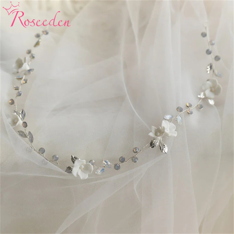 Porcelain Flower Wedding Hairbands Vintage Silver Clay Bridal Headbands