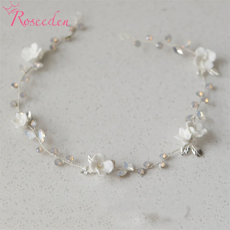 Porcelain Flower Wedding Hairbands Vintage Silver Clay Bridal Headbands