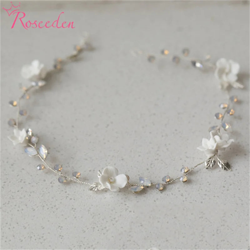 Porcelain Flower Wedding Hairbands Vintage Silver Clay Bridal Headbands