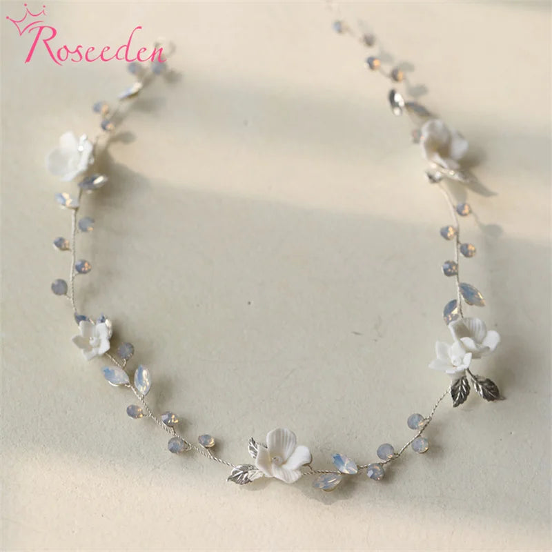 Porcelain Flower Wedding Hairbands Vintage Silver Clay Bridal Headbands