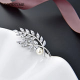 Sterling Silver Leaf Brooch with Zircon, Rhinestone Beads for Party Dress