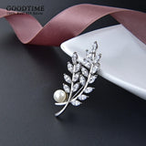 Sterling Silver Leaf Brooch with Zircon, Rhinestone Beads for Party Dress