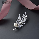 Sterling Silver Leaf Brooch with Zircon, Rhinestone Beads for Party Dress