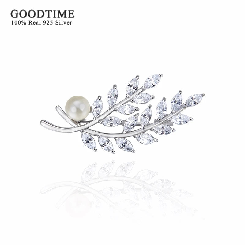 Sterling Silver Leaf Brooch with Zircon, Rhinestone Beads for Party Dress