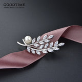 Sterling Silver Leaf Brooch with Zircon, Rhinestone Beads for Party Dress