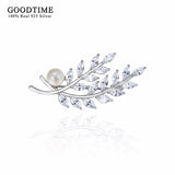 Sterling Silver Leaf Brooch with Zircon, Rhinestone Beads for Party Dress