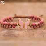 Butterfly Charms Bracelet Rhodonite Stone Beads Braided Yoga Friendship Bracelet