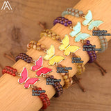 Butterfly Charms Bracelet Rhodonite Stone Beads Braided Yoga Friendship Bracelet