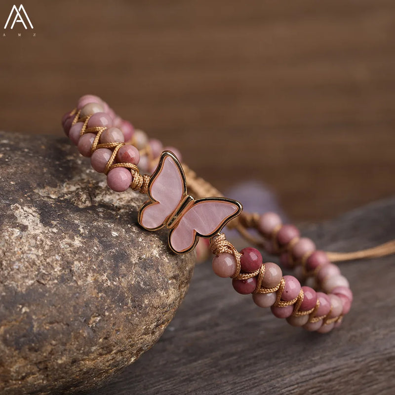 Butterfly Charms Bracelet Rhodonite Stone Beads Braided Yoga Friendship Bracelet