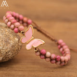 Butterfly Charms Bracelet Rhodonite Stone Beads Braided Yoga Friendship Bracelet