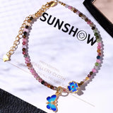 Butterfly Pendant Tourmaline Anklet Bracelet Women Foot Jewelry Beads Charm