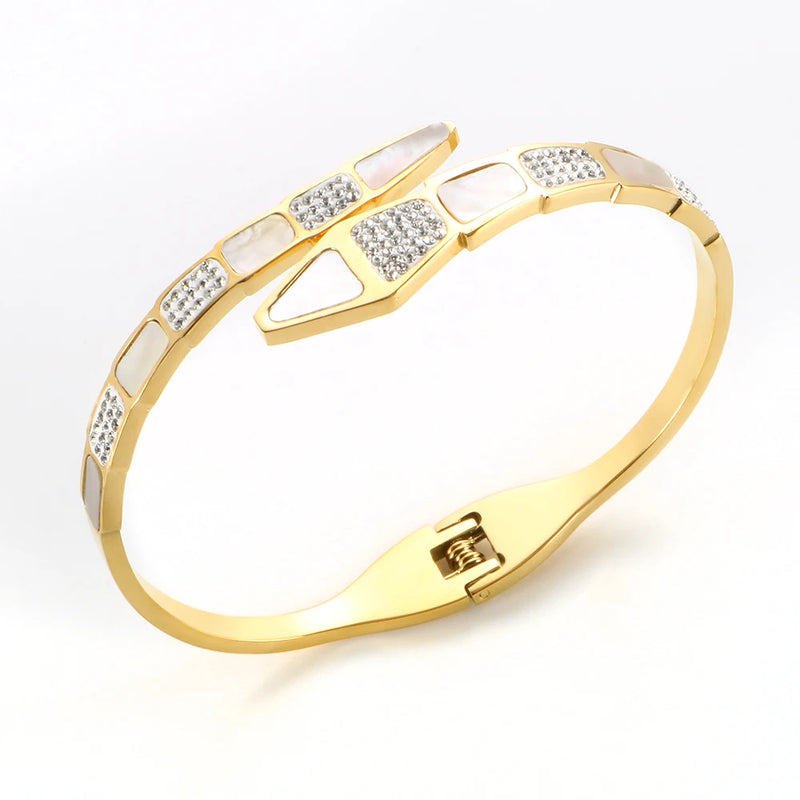CZ Crystals Shell Stainless Steel Bracelet Snake Open Cuff Bangle