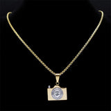 Camera Pendant Necklace Stainless Steel Crystal Necklaces Chain