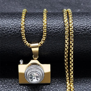Camera Pendant Necklace Stainless Steel Crystal Necklaces Chain