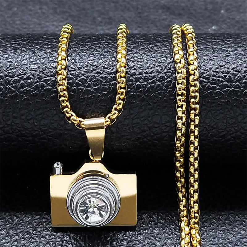 Camera Pendant Necklace Stainless Steel Crystal Necklaces Chain