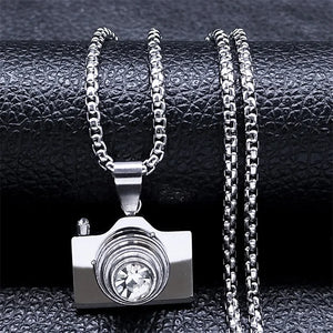 Camera Pendant Necklace Stainless Steel Crystal Necklaces Chain