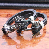 Stainless Steel Lion Leather Bracelet Double Wrap Bangles Men Women