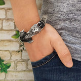 Stainless Steel Lion Leather Bracelet Double Wrap Bangles Men Women