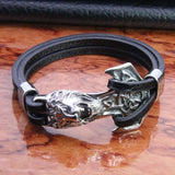 Stainless Steel Lion Leather Bracelet Double Wrap Bangles Men Women