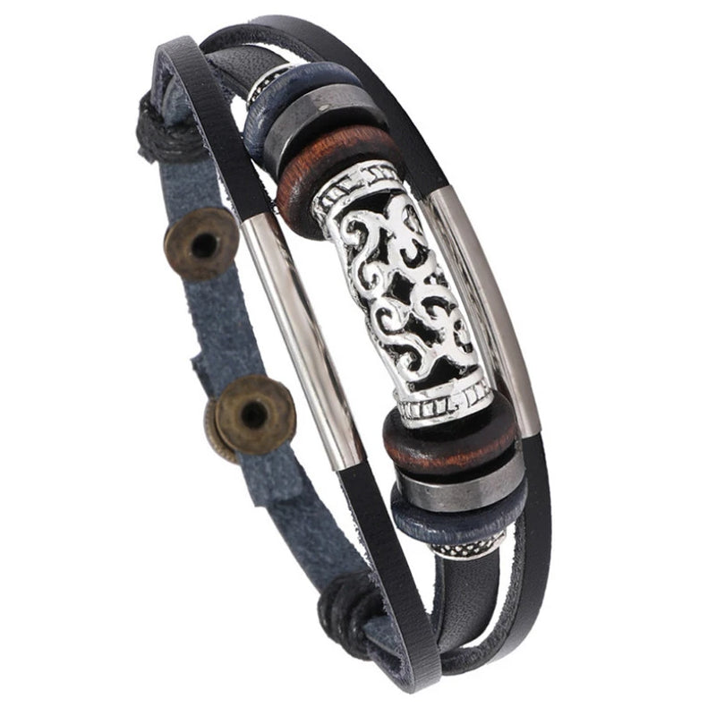 Vintage Leather Cuff Bracelet with Alloy Charms Wrap Wristbands