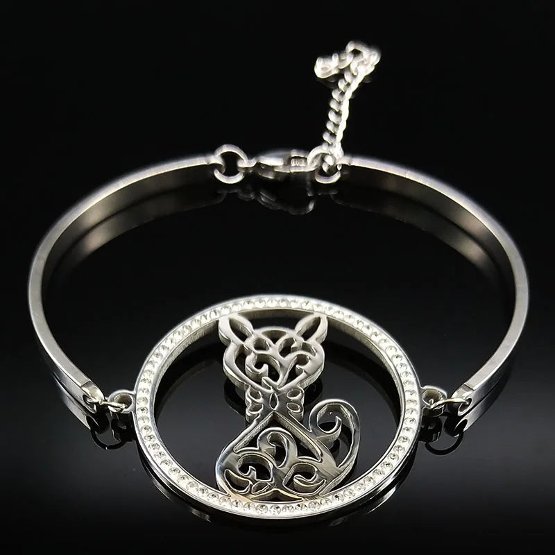 Cat Crystal Stainless Steel Bracelet
