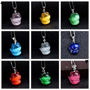 Cat Eye Stone Fox Pendant Necklace Chinese Hand-Carved Healing Luck Gift