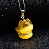 Cat Eye Stone Fox Pendant Necklace Chinese Hand-Carved Healing Luck Gift
