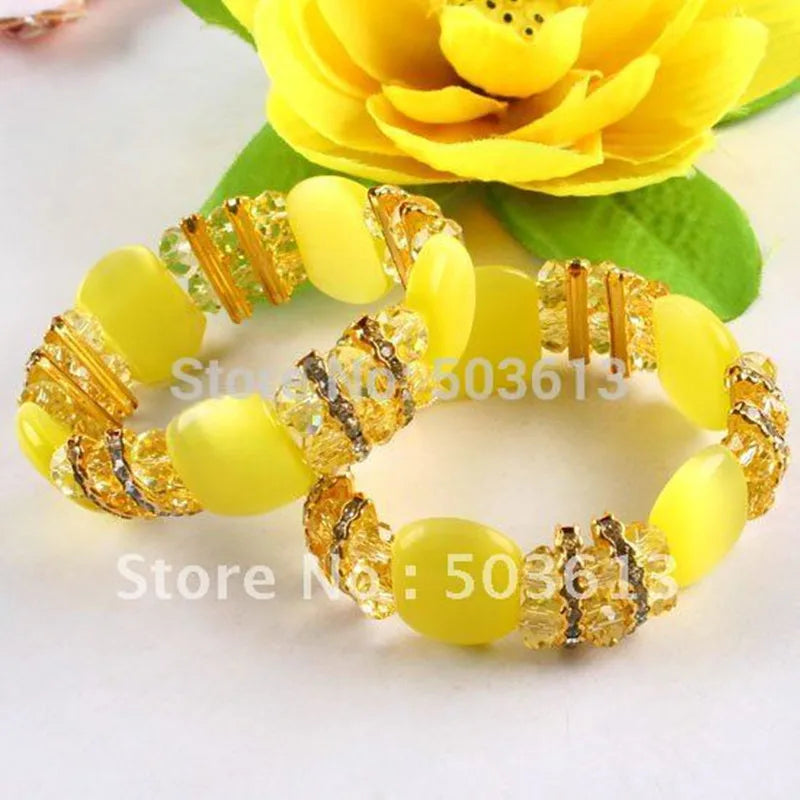 Cat's Eye Bead Stretch Bracelet Yellow Crystal Beads