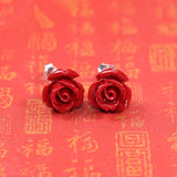Good Luck Red Roses Coral Stone Stud Earrings S925 Sterling Silver Jewelry