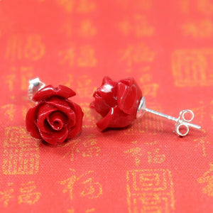 Good Luck Red Roses Coral Stone Stud Earrings S925 Sterling Silver Jewelry