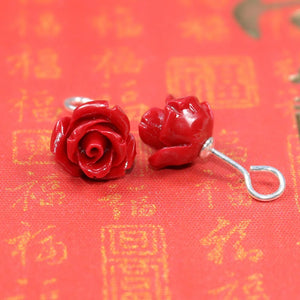 Good Luck Red Roses Coral Stone Stud Earrings S925 Sterling Silver Jewelry