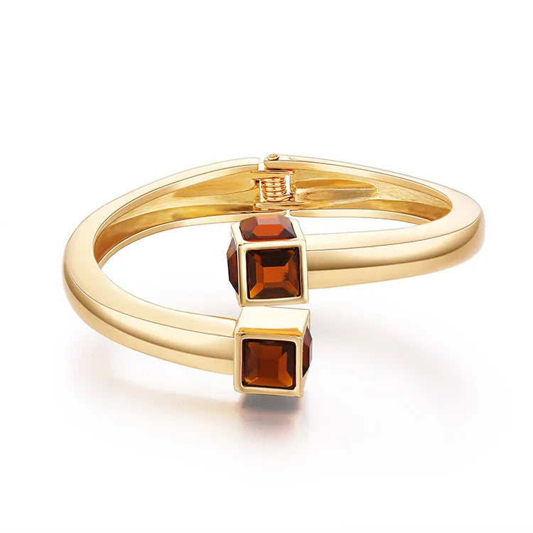 Geometric Square Crystal Charm Open Bangle Bracelet