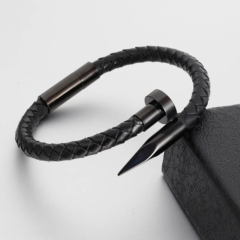 Men's Charm Nail Bracelet Leather Rope Stainless Steel Magnet