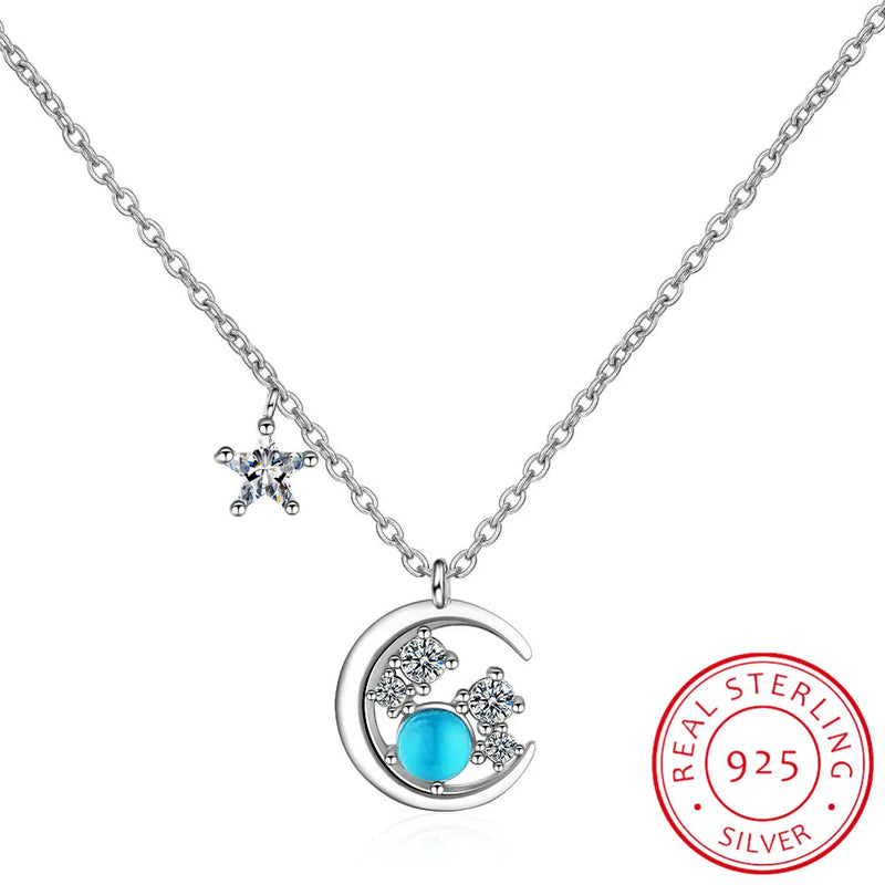 925 Silver Moon Star Necklace Zirconia Choker