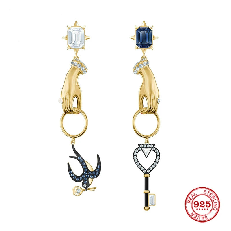 925 Silver Swallows Keys Hands Earrings