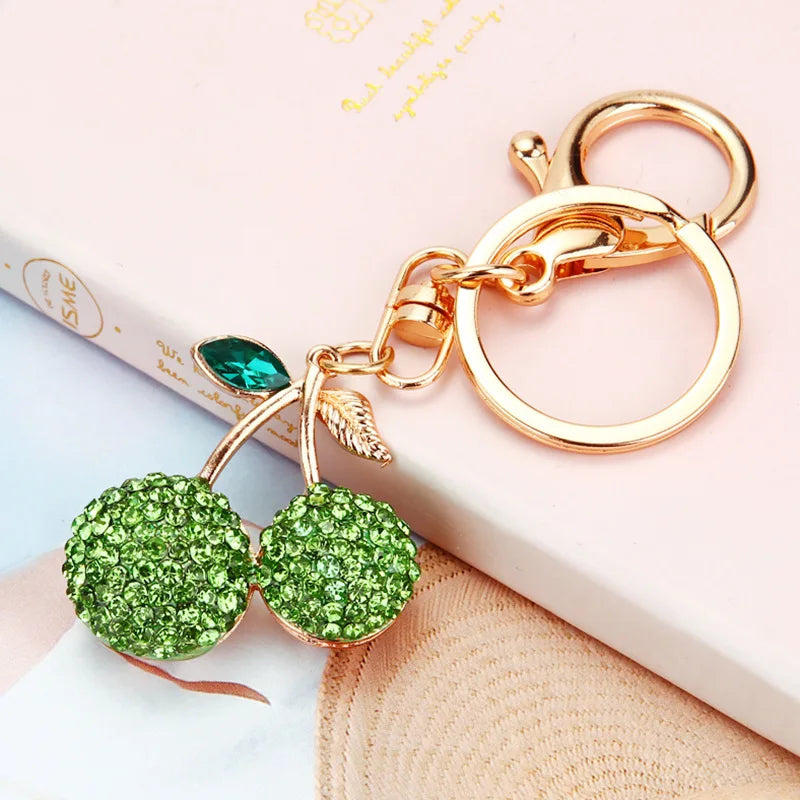 Cherry Keychains Leaves Crystal Charm Purse Handbag Car Key Keyring Accessories