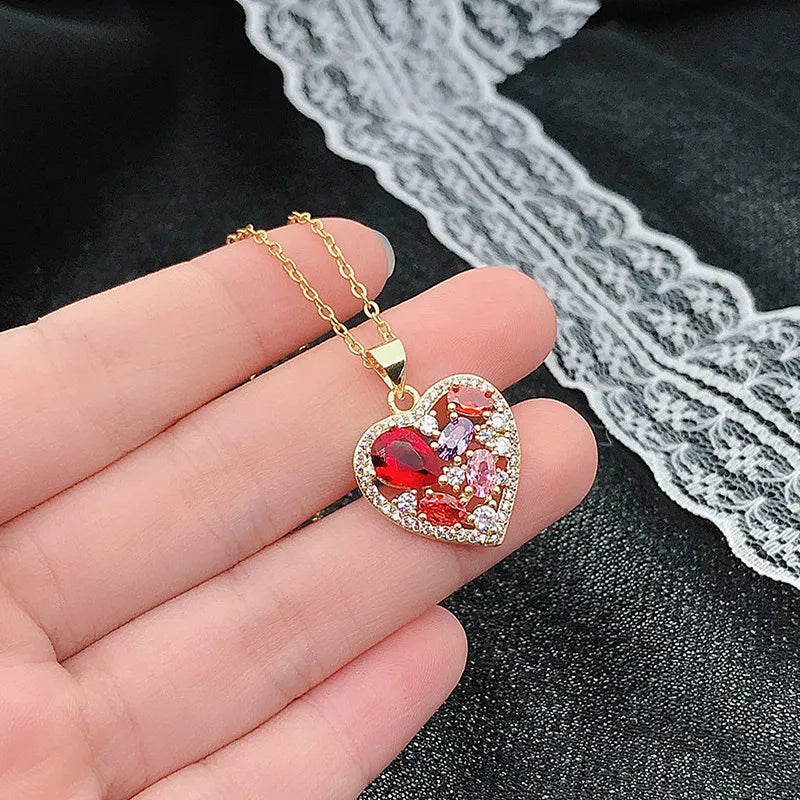 Heart Pendant Necklace Multicolor Zircon Crystal 18k Jewelry