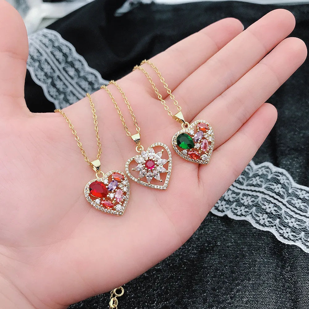 Heart Pendant Necklace Multicolor Zircon Crystal 18k Jewelry