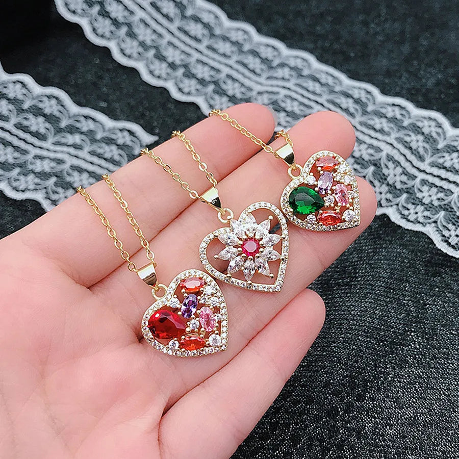 Heart Pendant Necklace Multicolor Zircon Crystal 18k Jewelry