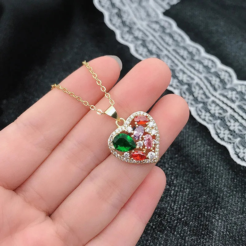 Heart Pendant Necklace Multicolor Zircon Crystal 18k Jewelry