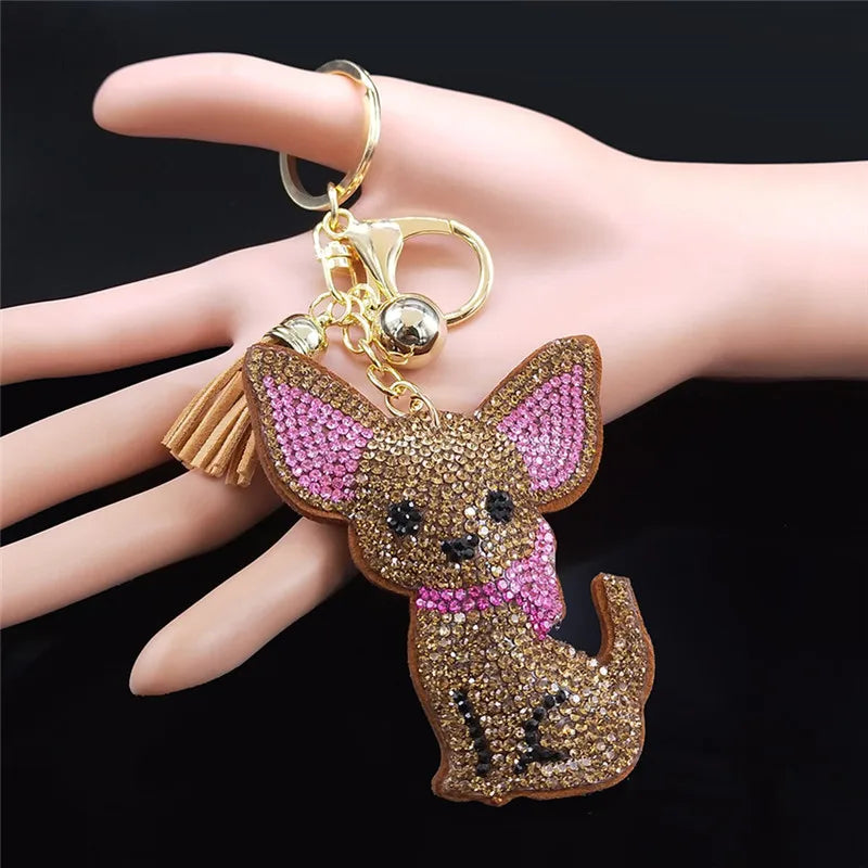 Chihuahua Dog Crystal Keychain Bag Accessories Women Keyring Jewelry