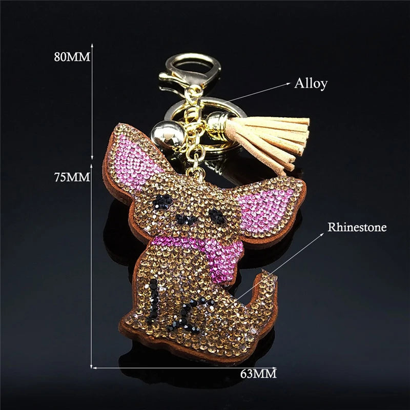 Chihuahua Dog Crystal Keychain Bag Accessories Women Keyring Jewelry