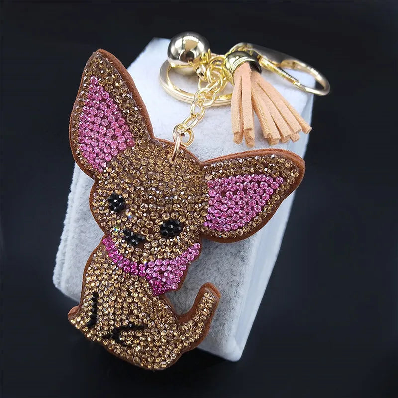 Chihuahua Dog Crystal Keychain Bag Accessories Women Keyring Jewelry