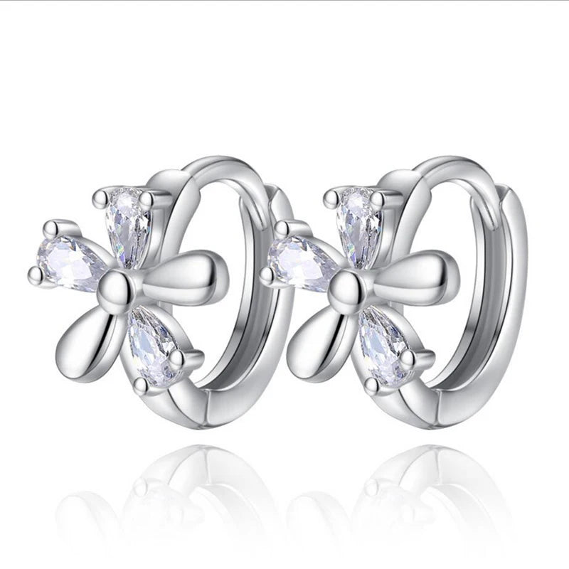 925 Silver CZ Plum blossom Hoop Earrings For Women Girl Piercing Huggie