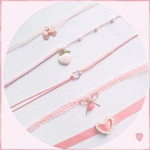Pink Lace Pearl Heart Choker Necklace for Women